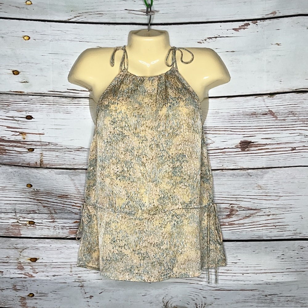 H&M NWT Size XS Tan & Blue Printed Drawstring Waist Tank Top Blouse